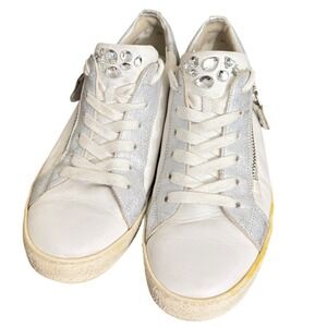 Paul Green White Leather Metallic Silver Crystal Embellished Zip Sneakers 7.5"